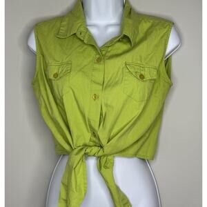 VTG 90s Sleeveless Collared Cropped Tie Waist Blouse Top M Brat Green Y2K Preppy